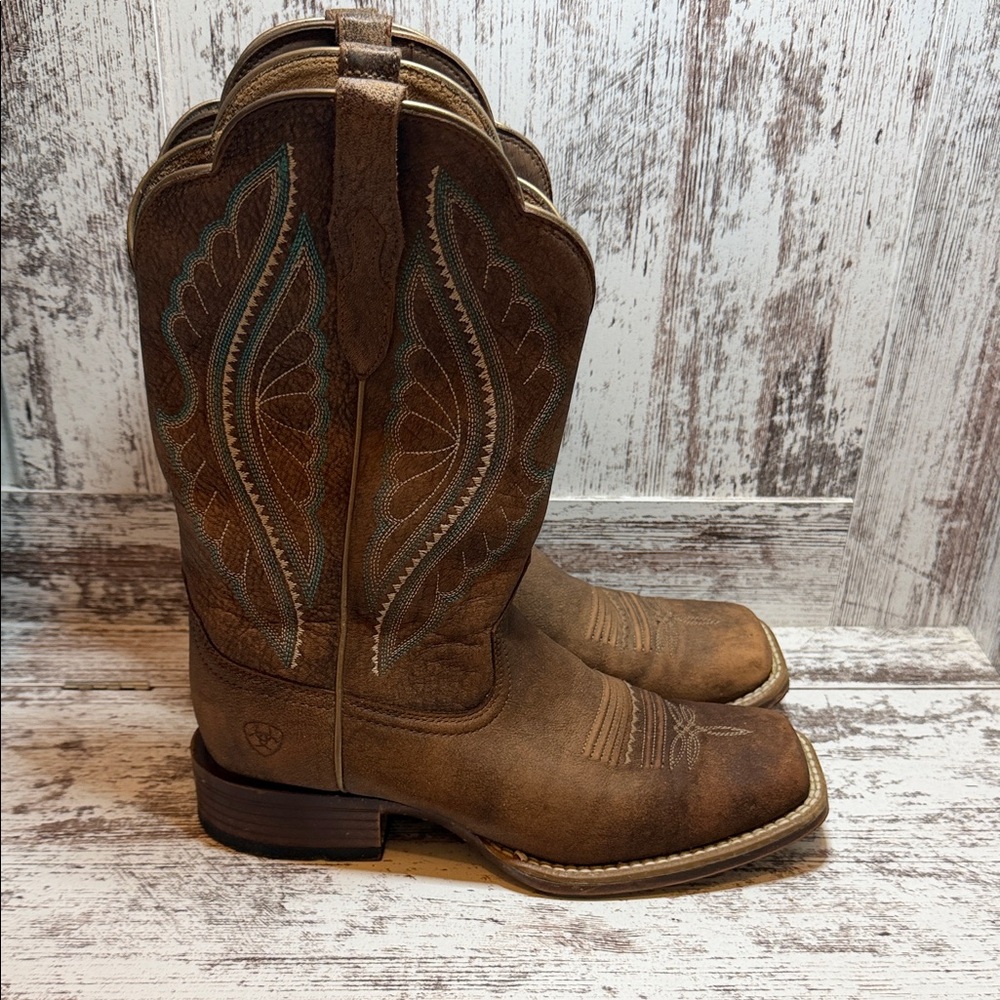 Ariat Brown Distressed Leather Western Boots with Teal Stitching